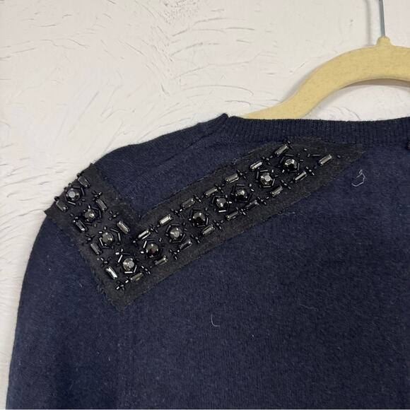 J Crew Navy Blue Beaded Shoulder Cashmere Blend Sweater Womens L Preppy Coquette - Picture 10 of 10